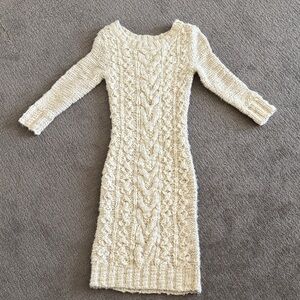 Sexy warm Cream with gold Long Sleeve Knit Dress